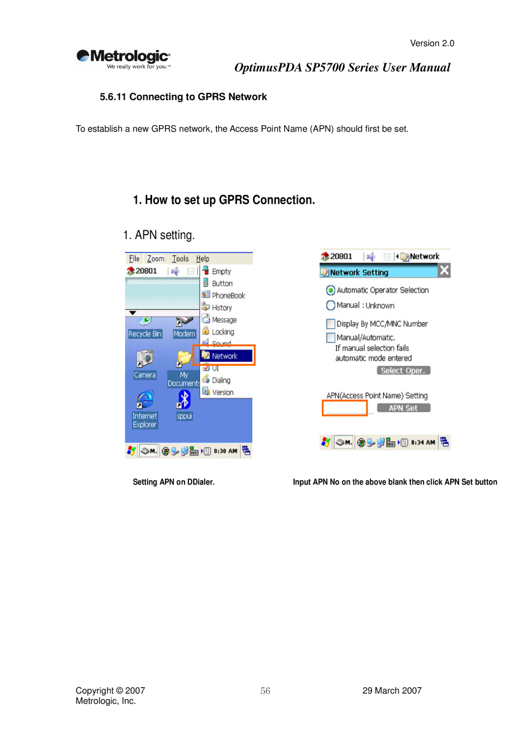 Metrologic Instruments SP5700 Series user manual How to set up Gprs Connection, Connecting to Gprs Network 