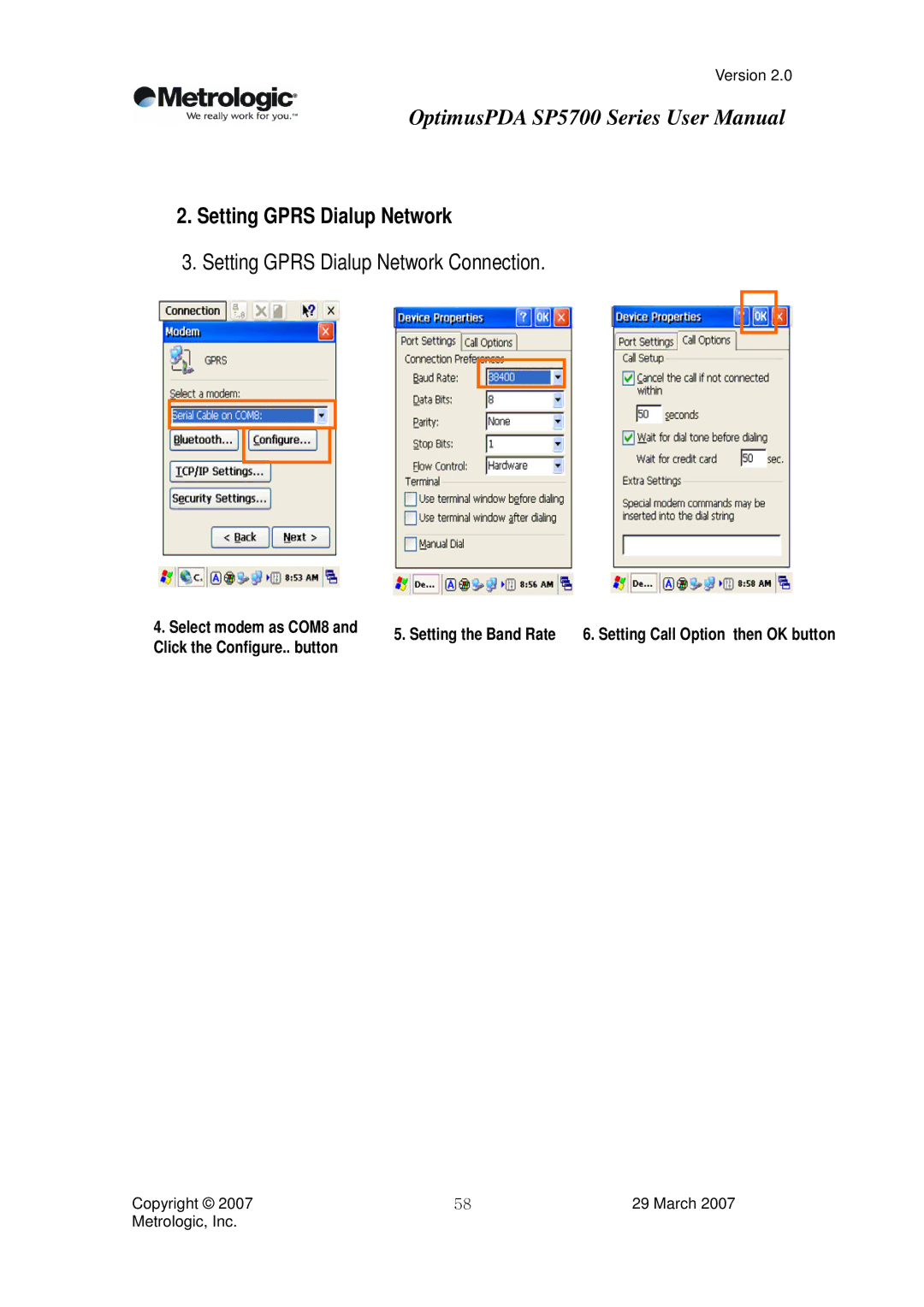 Metrologic Instruments SP5700 Series user manual Setting Gprs Dialup Network, Select modem as COM8 