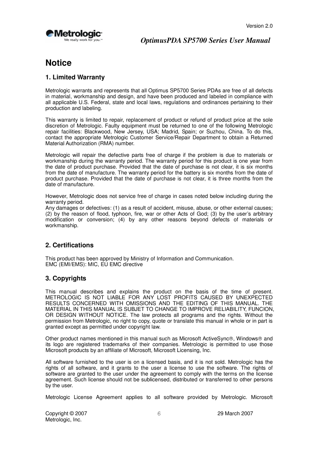 Metrologic Instruments SP5700 Series user manual Limited Warranty, Certifications, Copyrights 