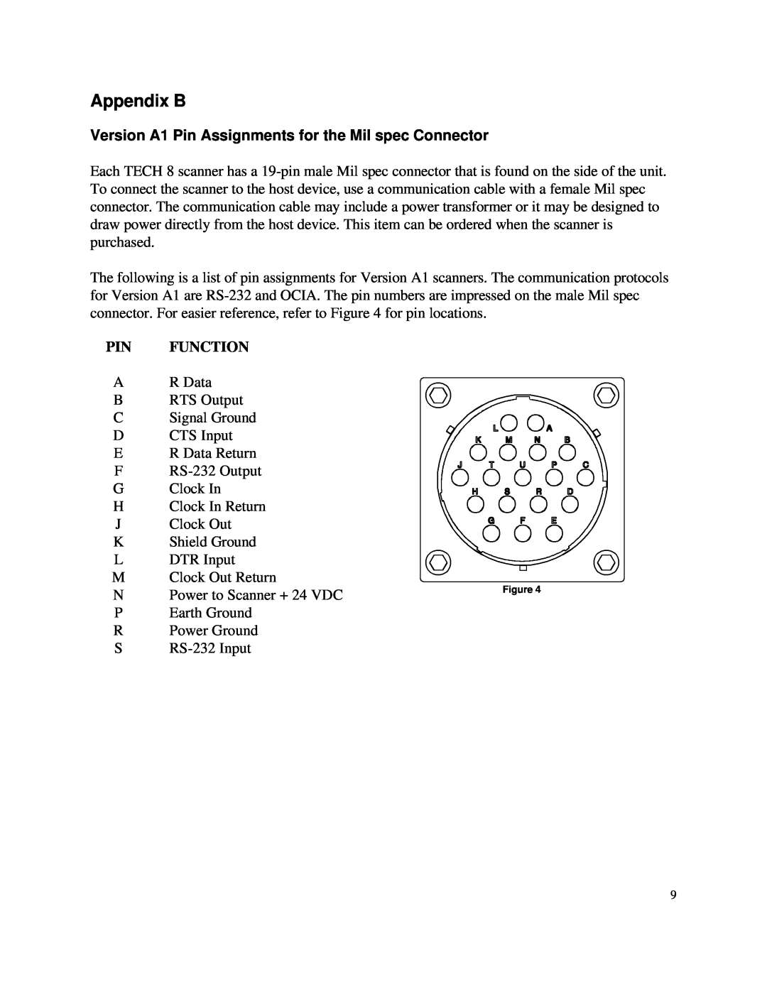 Metrologic Instruments TECH 8 manual Appendix B, Pin Function, Version A1 Pin Assignments for the Mil spec Connector 