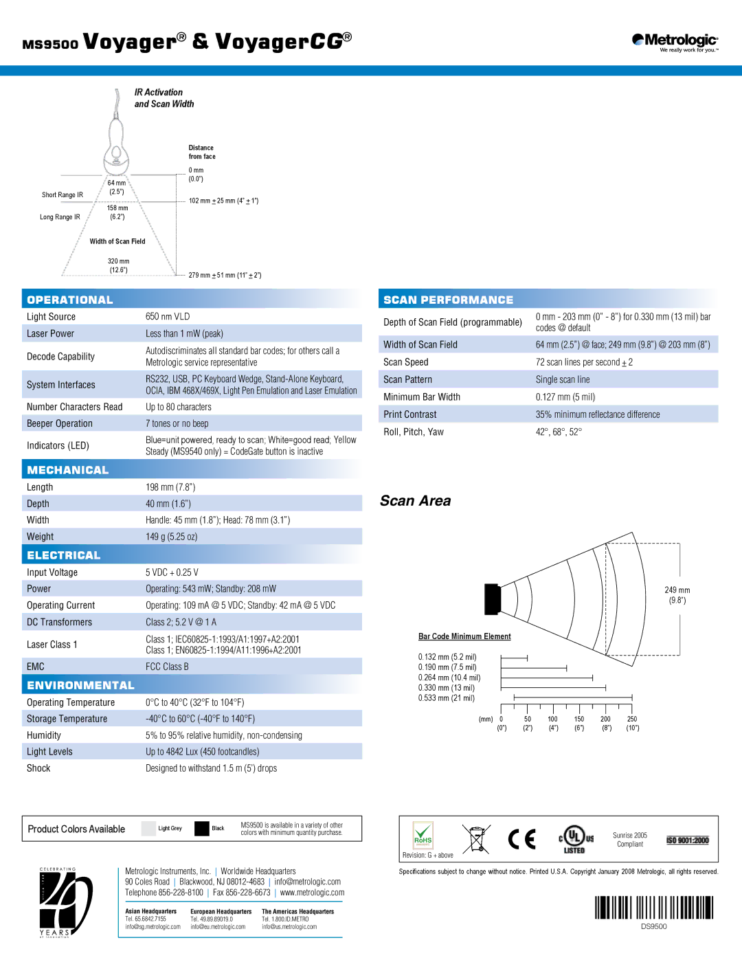 Metrologic Instruments MS9520 Voyager, Voyager MS9500 Operational, Scan Performance, Mechanical, Electrical, Environmental 