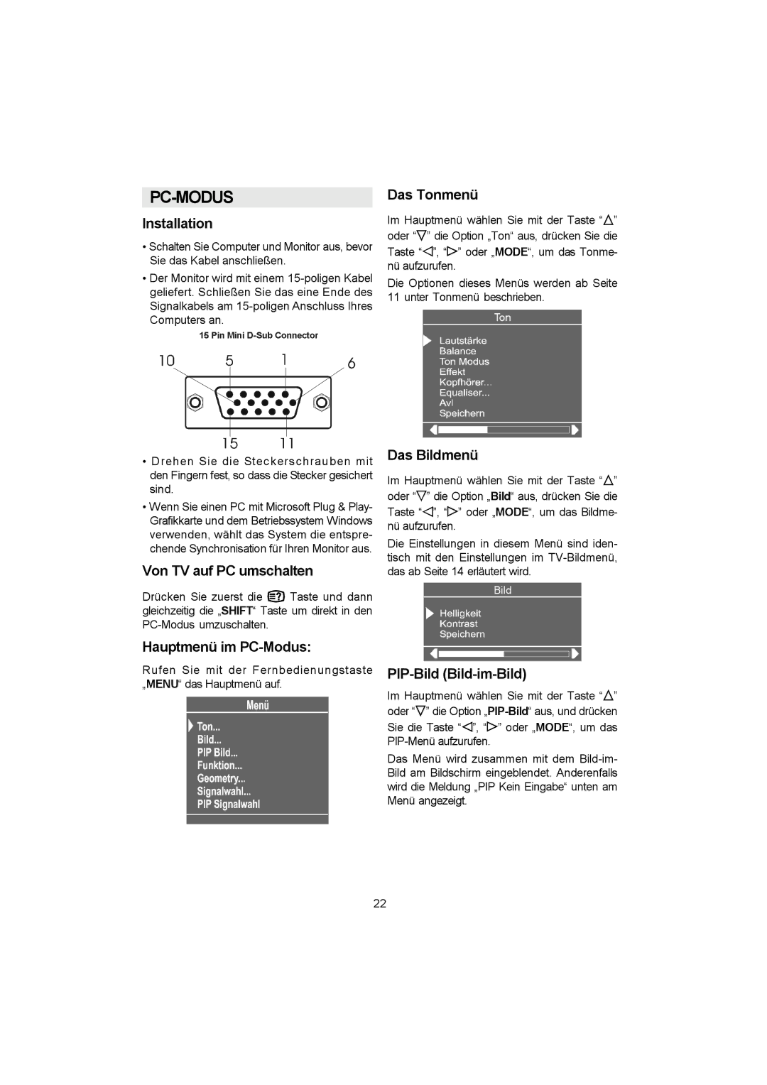 Metz 20 TK 51 Installation, Von TV auf PC umschalten, Hauptmenü im PC-Modus, Das Tonmenü, Das Bildmenü 