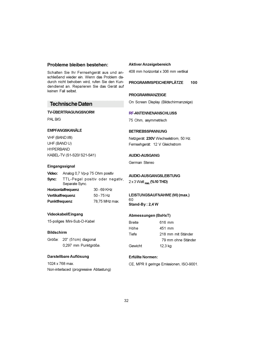 Metz 20 TK 51 operating instructions TechnischeDaten, Probleme bleiben bestehen 