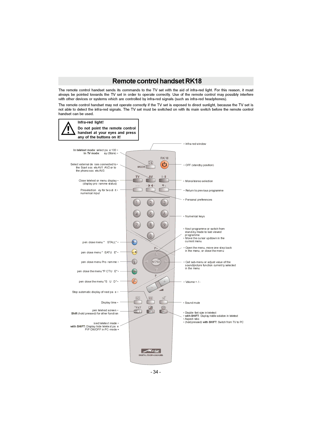 Metz 20 TK 51 operating instructions Remote control handset RK18 