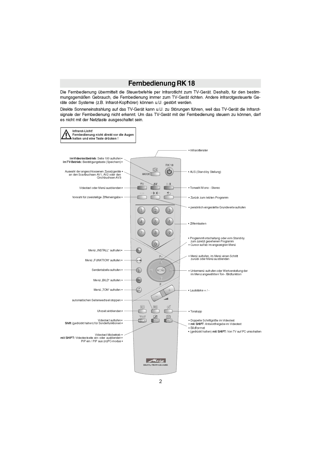 Metz 20 TK 51 operating instructions Fernbedienung RK 