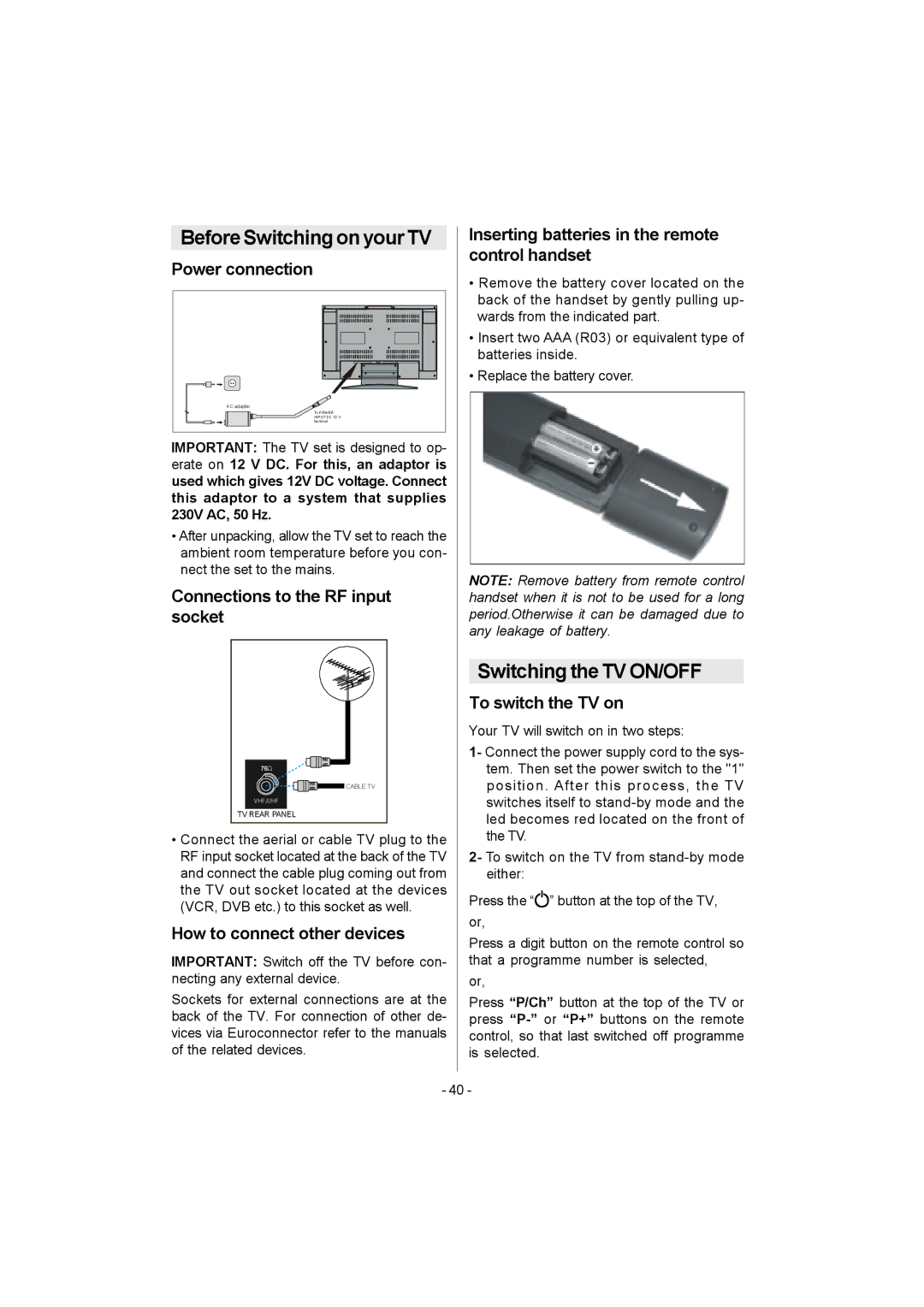 Metz 20 TK 51 operating instructions Before Switching on your TV, Switching the TV ON/OFF 