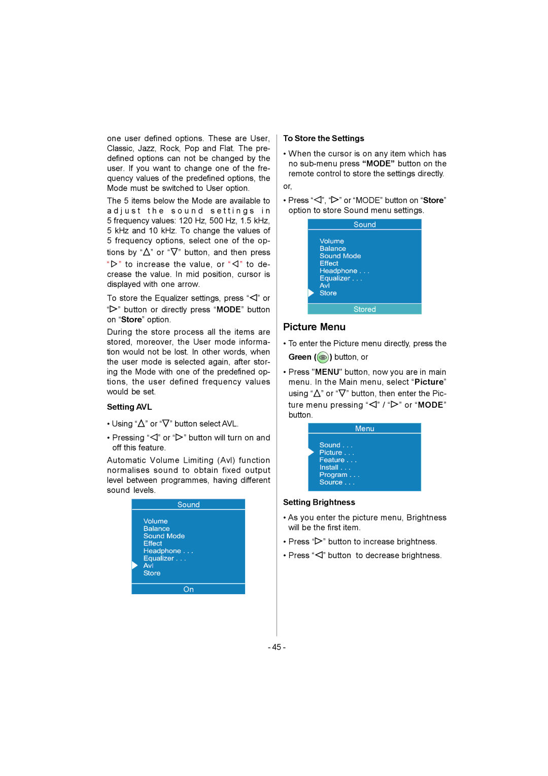 Metz 20 TK 51 operating instructions Picture Menu 