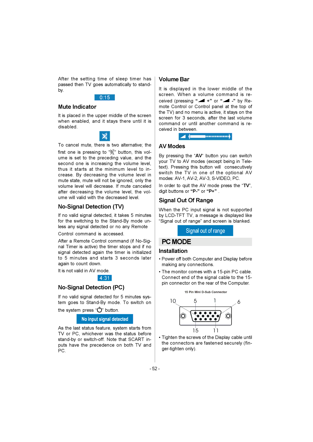 Metz 20 TK 51 Mute Indicator, No-Signal Detection TV, No-Signal Detection PC, Volume Bar, AV Modes, Signal Out Of Range 