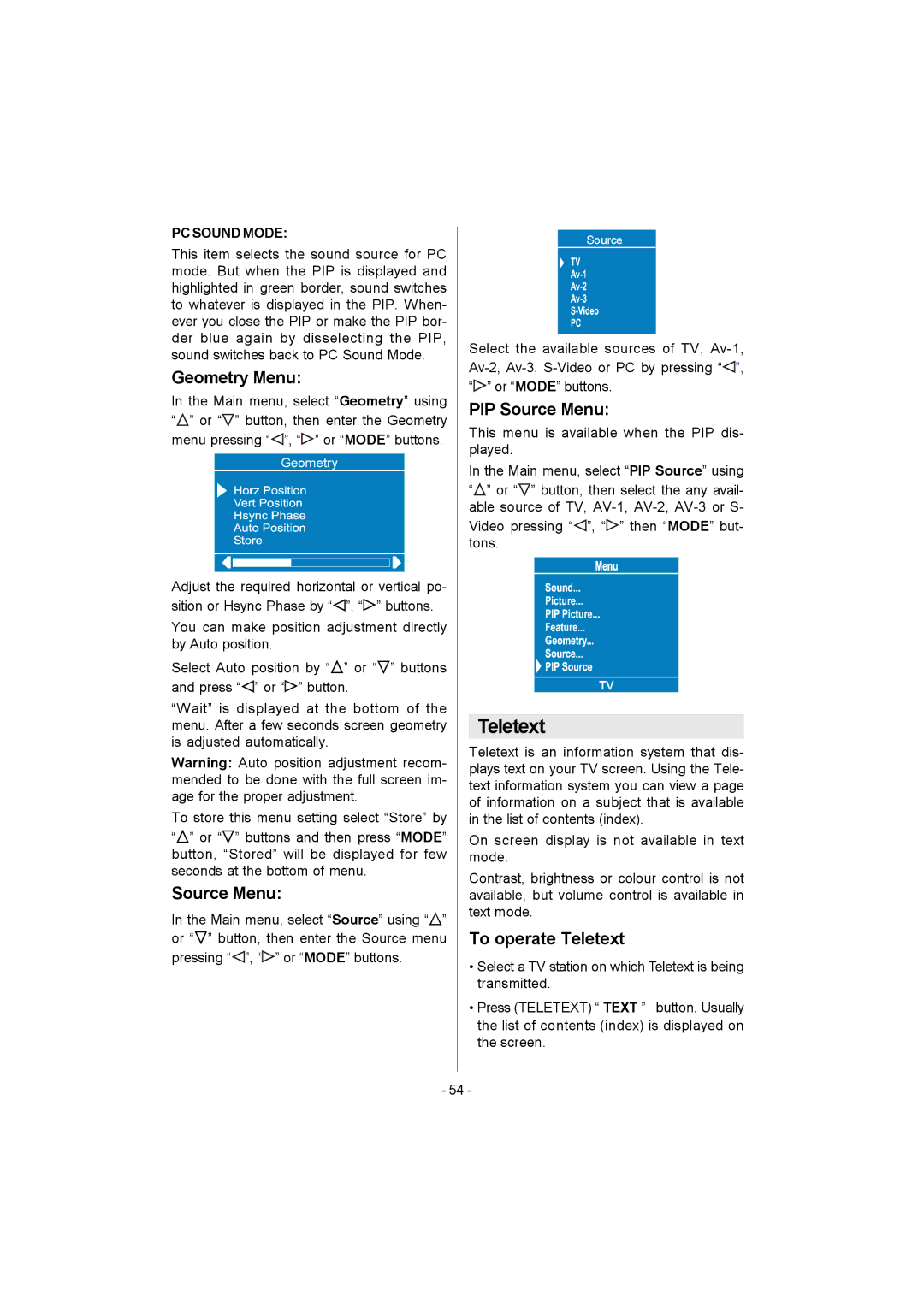 Metz 20 TK 51 operating instructions Geometry Menu, PIP Source Menu, To operate Teletext, Main menu, select Geometry using 