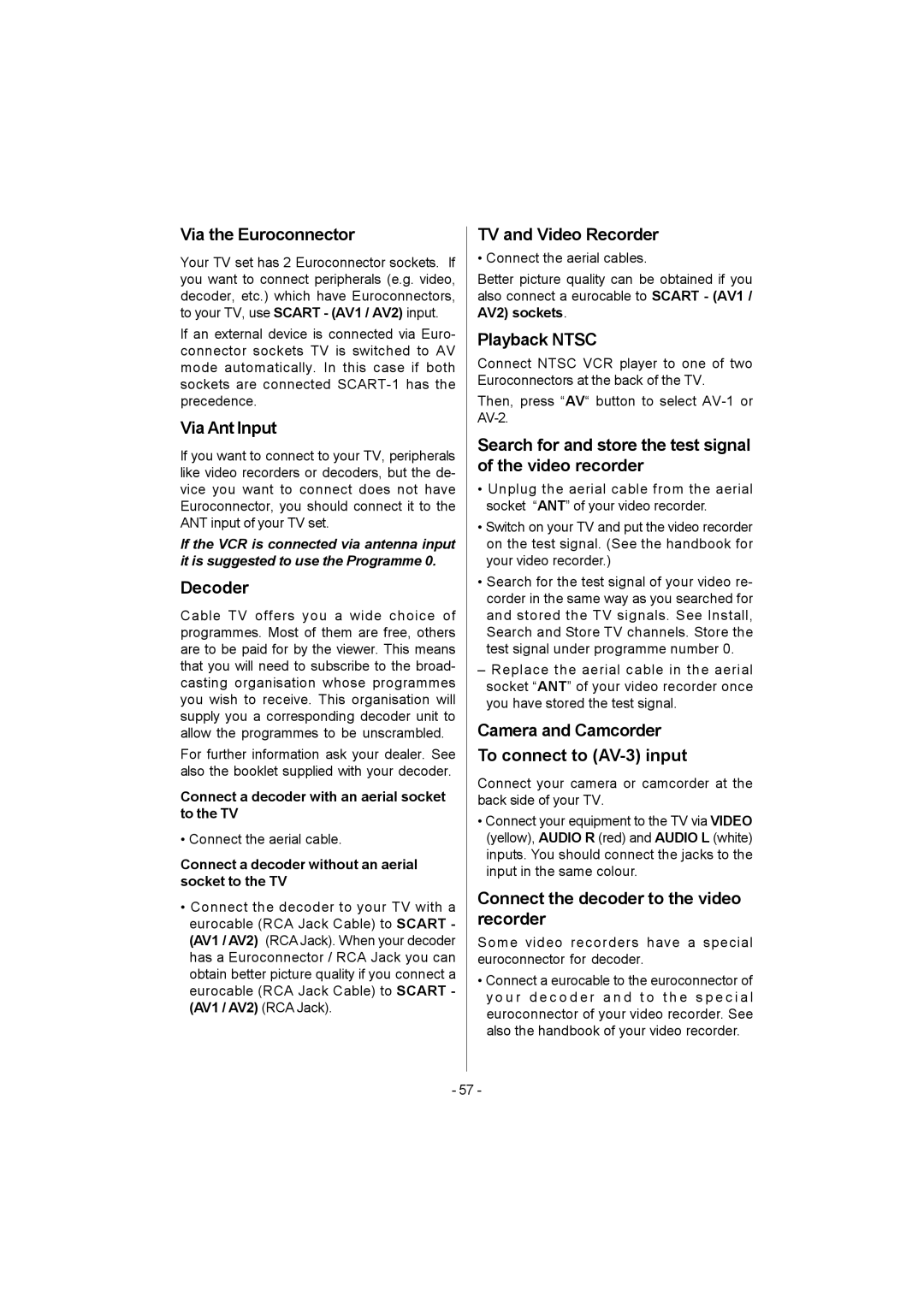 Metz 20 TK 51 operating instructions Via the Euroconnector, Via Ant Input, TV and Video Recorder, Playback Ntsc 