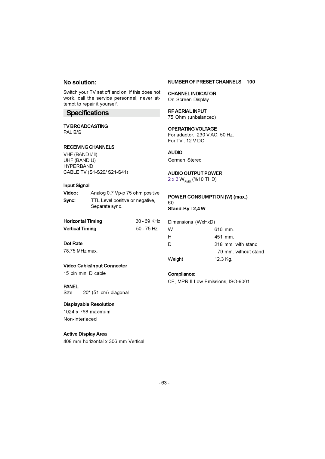 Metz 20 TK 51 Specifications, No solution, On Screen Display, Ohm unbalanced, For adaptor 230 V AC, 50 Hz For TV 12 V DC 