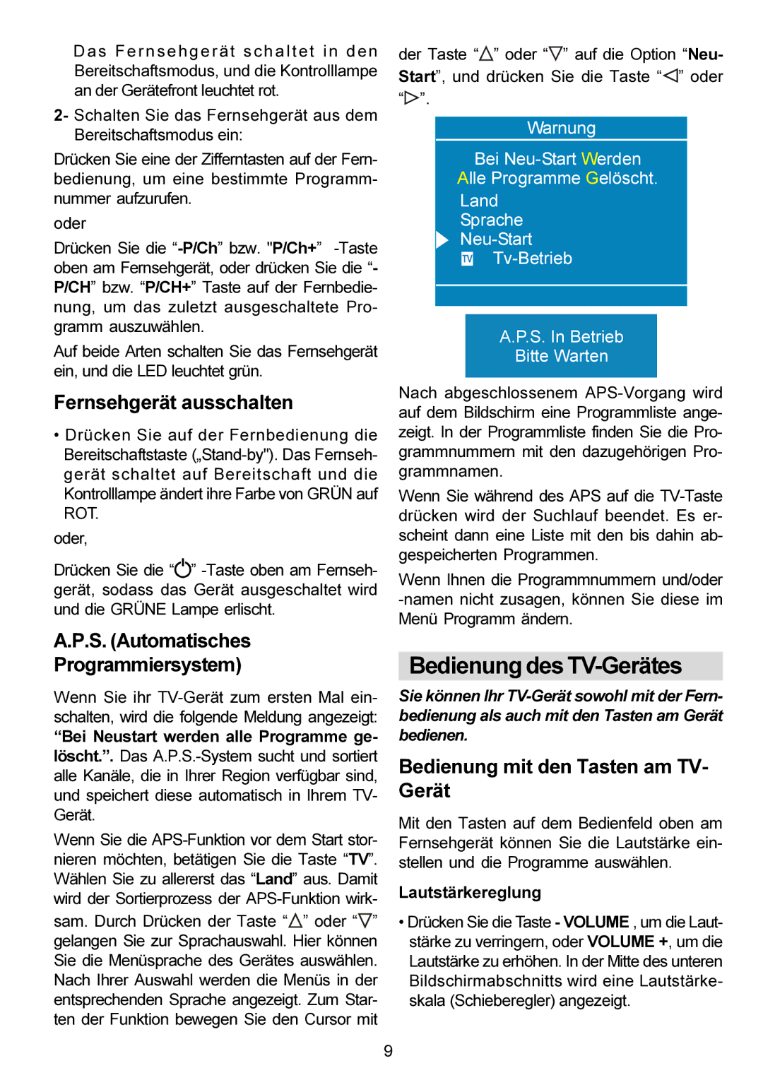 Metz 20 TM 52 operating instructions Bedienung des TV-Gerätes, Fernsehgerät ausschalten, S. Automatisches Programmiersystem 