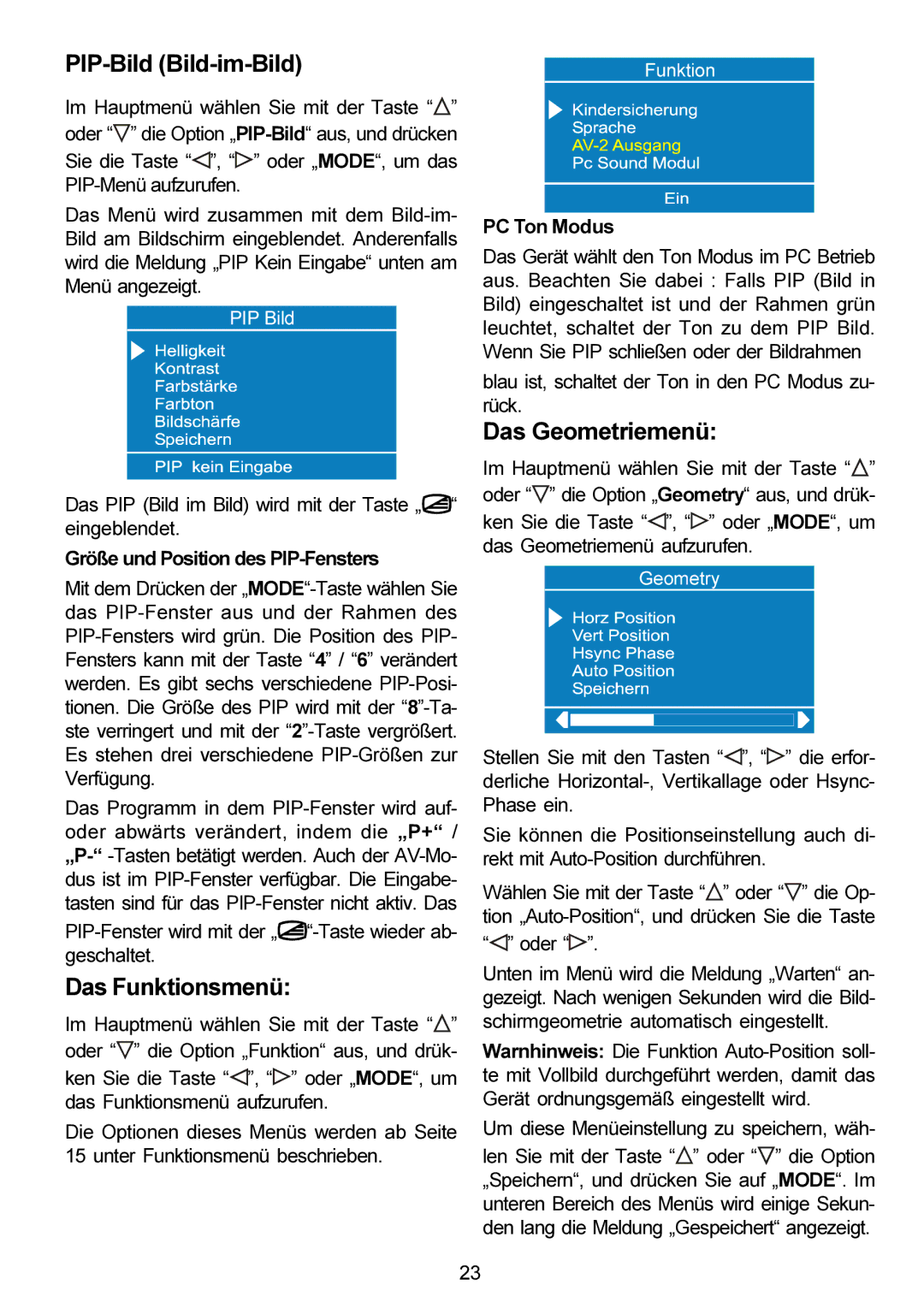 Metz 20 TM 52 operating instructions PIP-Bild Bild-im-Bild, Das Funktionsmenü, Das Geometriemenü 