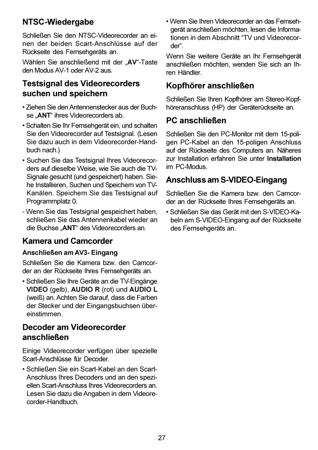 Metz 20 TM 52 NTSC-Wiedergabe, Testsignal des Videorecorders suchen und speichern, Kamera und Camcorder, PC anschließen 