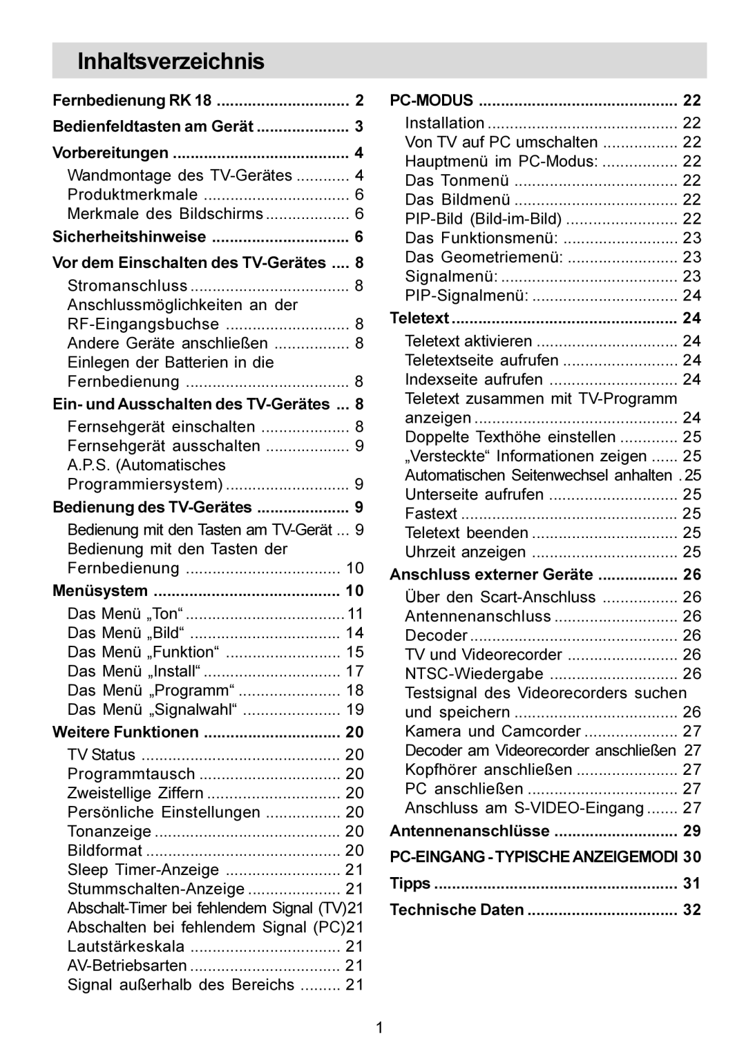 Metz 20 TM 52 Inhaltsverzeichnis, Fernbedienung RK Bedienfeldtasten am Gerät Vorbereitungen, Tipps Technische Daten 