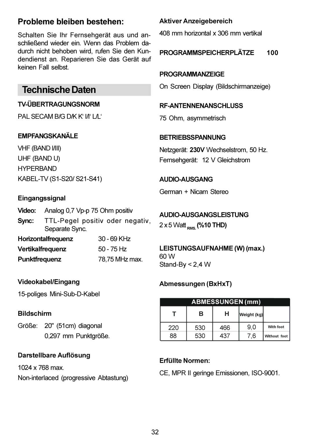 Metz 20 TM 52 operating instructions TechnischeDaten, Probleme bleiben bestehen 