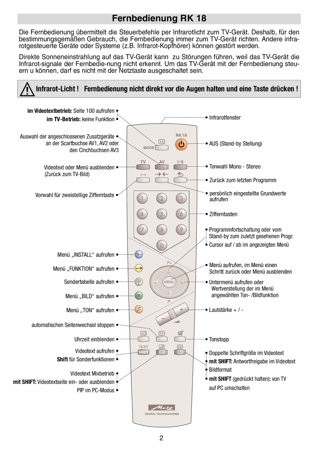 Metz 20 TM 52 operating instructions Fernbedienung RK 