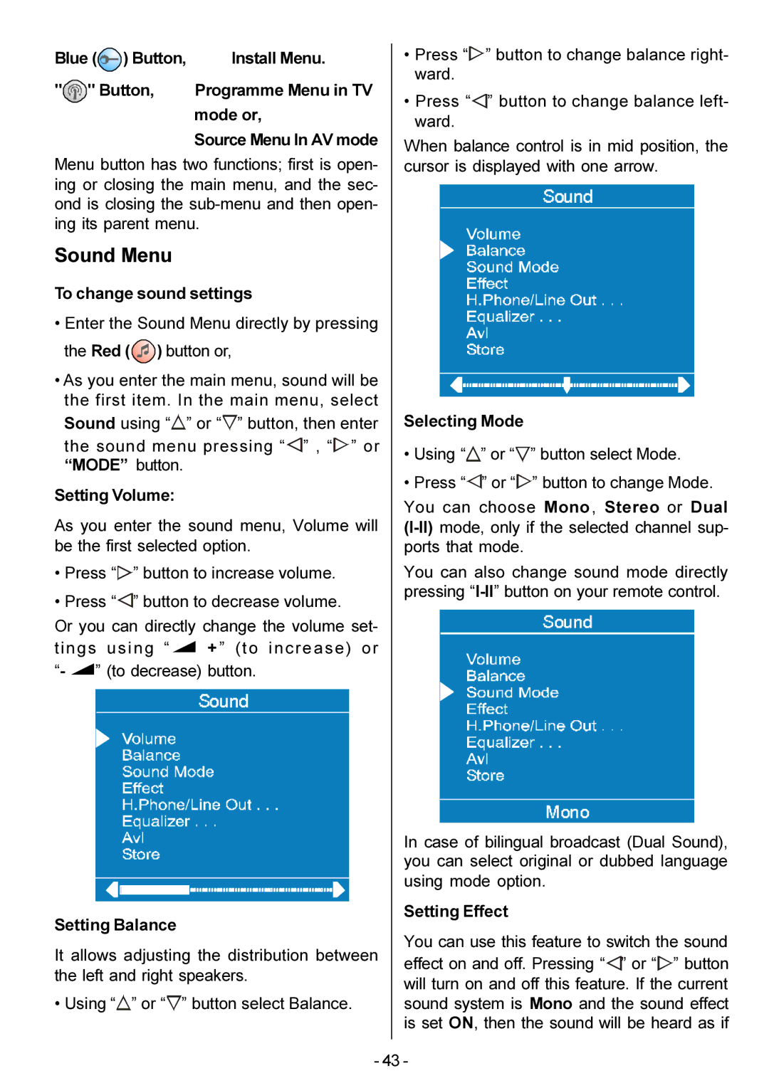 Metz 20 TM 52 To change sound settings, Setting Balance, Using or button select Balance, Setting Effect 