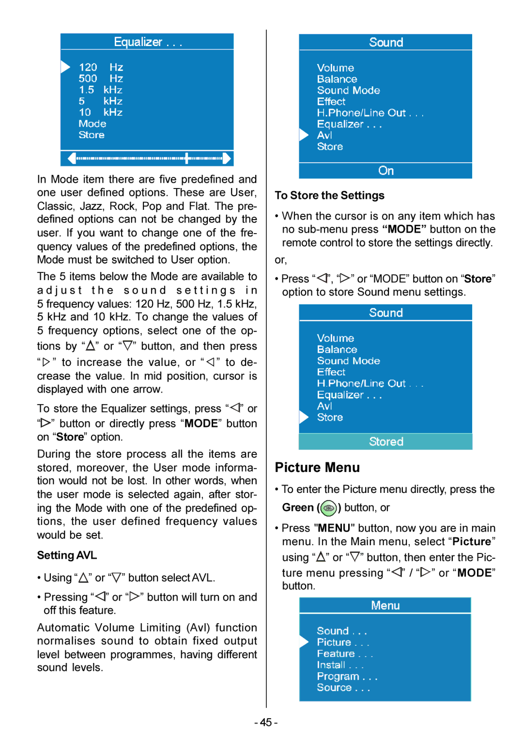 Metz 20 TM 52 operating instructions Picture Menu 