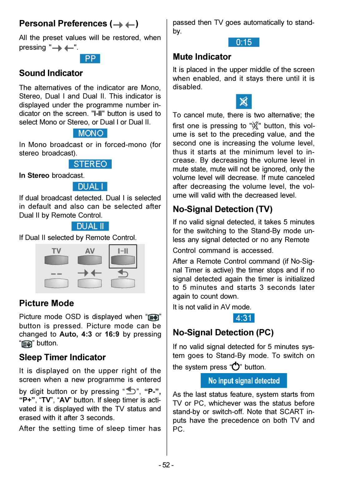 Metz 20 TM 52 Personal Preferences, Sound Indicator, Picture Mode, Sleep Timer Indicator, Mute Indicator 