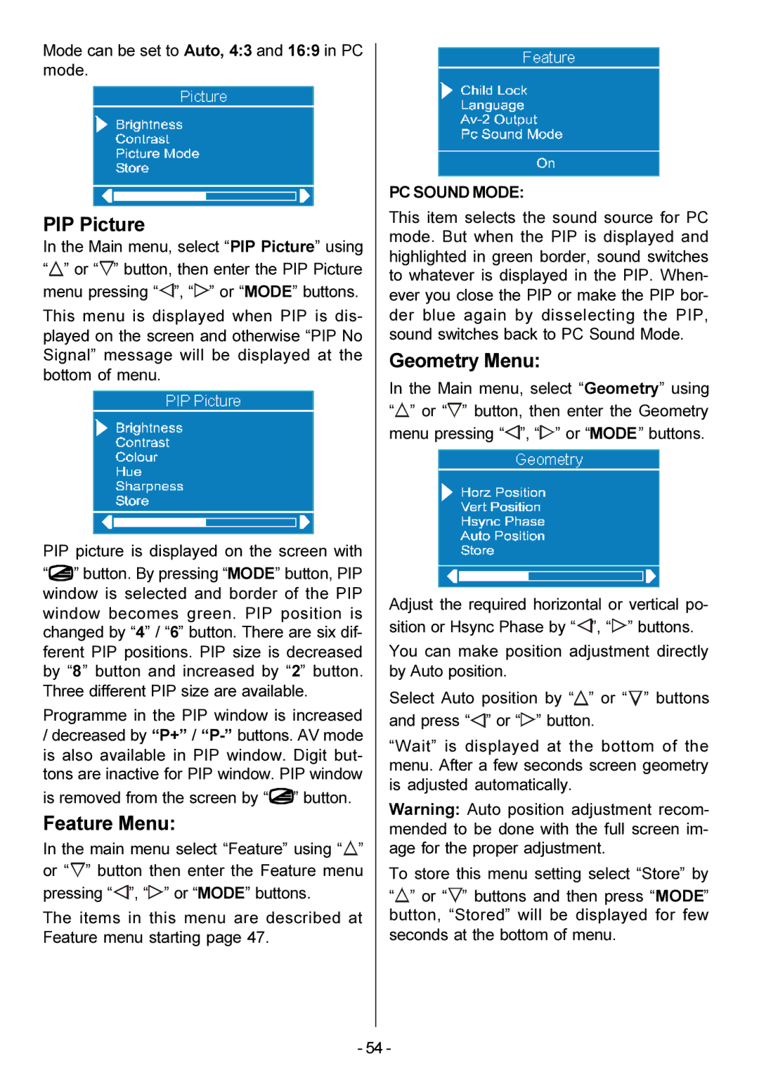 Metz 20 TM 52 operating instructions PIP Picture, Geometry Menu, Mode can be set to Auto, 43 and 169 in PC mode 