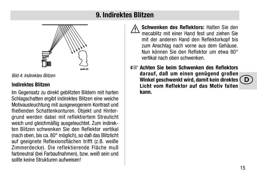 Metz 28 AF-4 C Indirektes Blitzen, Achten Sie beim Schwenken des Reflektors, Licht vom Reflektor auf das Motiv fallen kann 