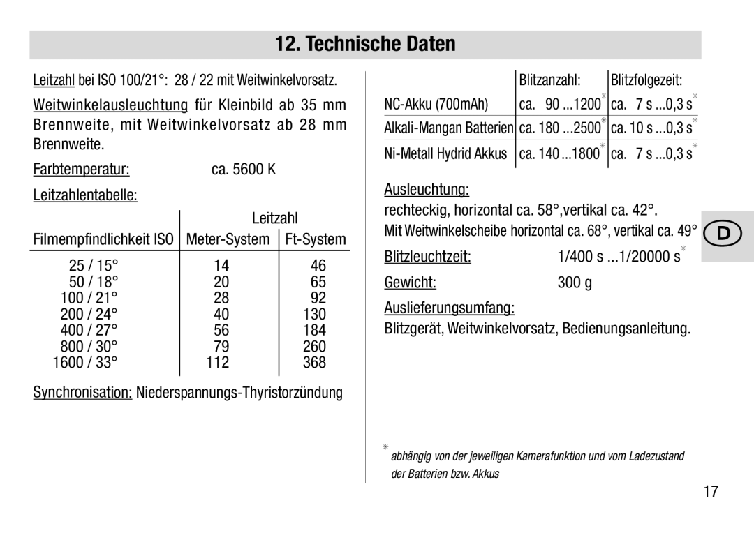 Metz 28 AF-4 C operating instructions Technische Daten 