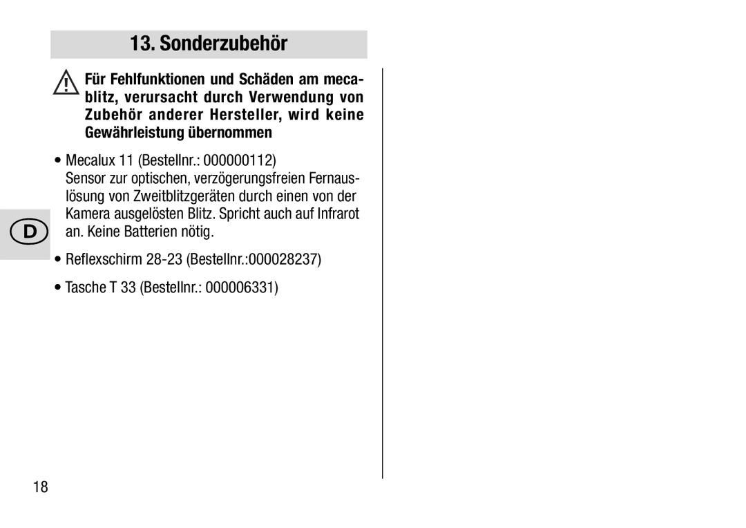 Metz 28 AF-4 C operating instructions Sonderzubehör, Mecalux 11 Bestellnr 