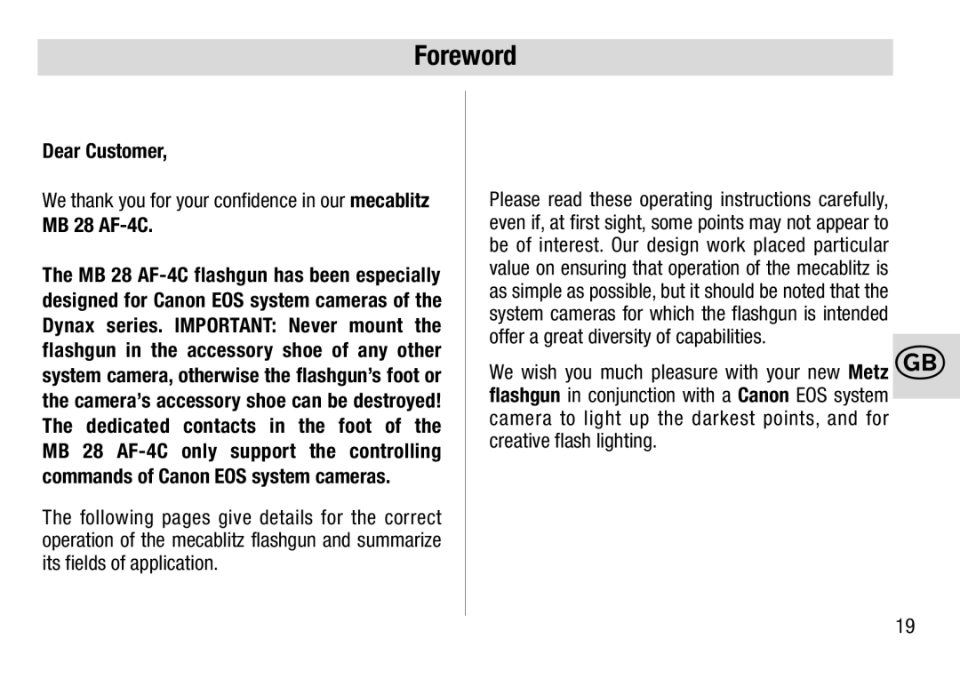 Metz 28 AF-4 C operating instructions Foreword, Dear Customer, MB 28 AF-4C 