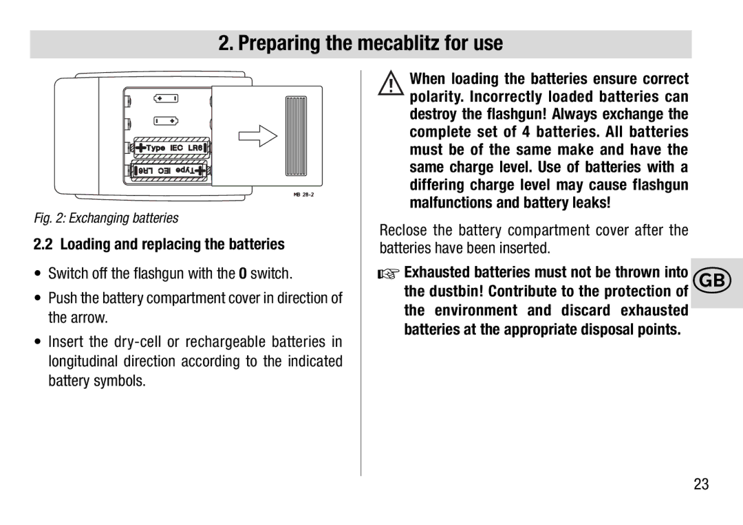 Metz 28 AF-4 C operating instructions Loading and replacing the batteries, Exchanging batteries 