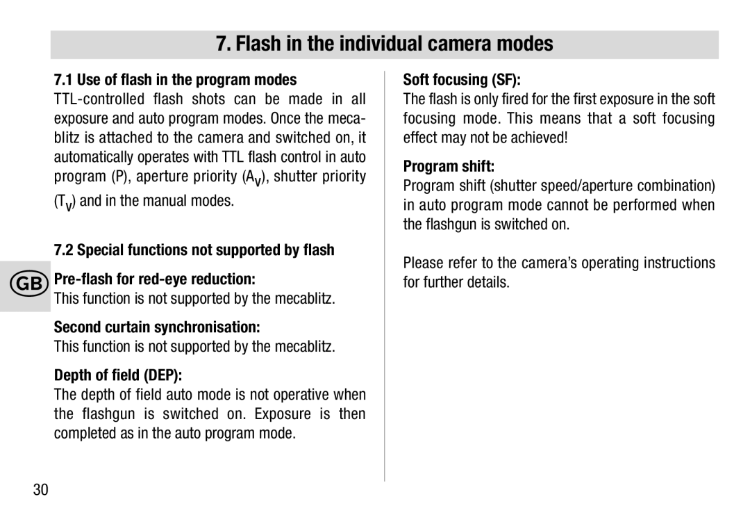 Metz 28 AF-4 C Flash in the individual camera modes, Second curtain synchronisation, Depth of field DEP, Soft focusing SF 