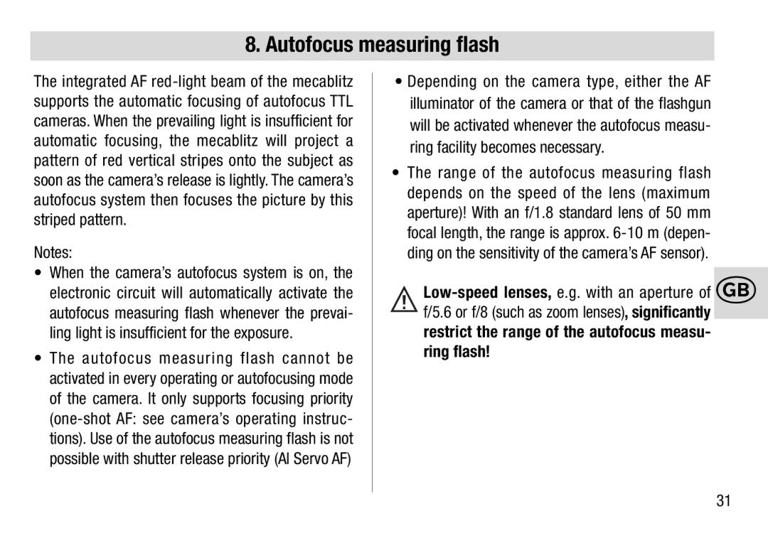 Metz 28 AF-4 C operating instructions Autofocus measuring flash, Ring flash 