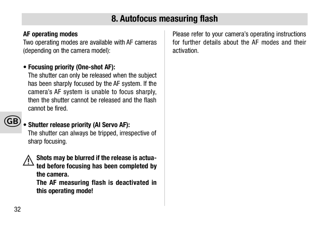 Metz 28 AF-4 C AF operating modes, Focusing priority One-shot AF, Shutter release priority AI Servo AF 