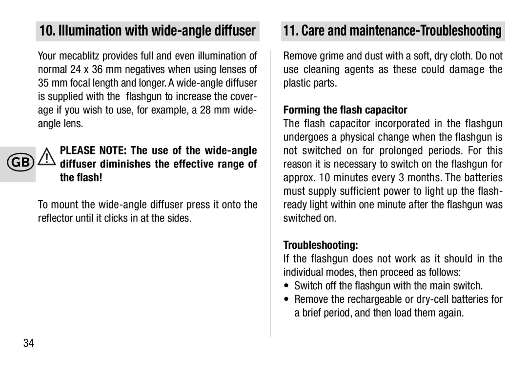 Metz 28 AF-4 C operating instructions Care and maintenance-Troubleshooting, Forming the flash capacitor 