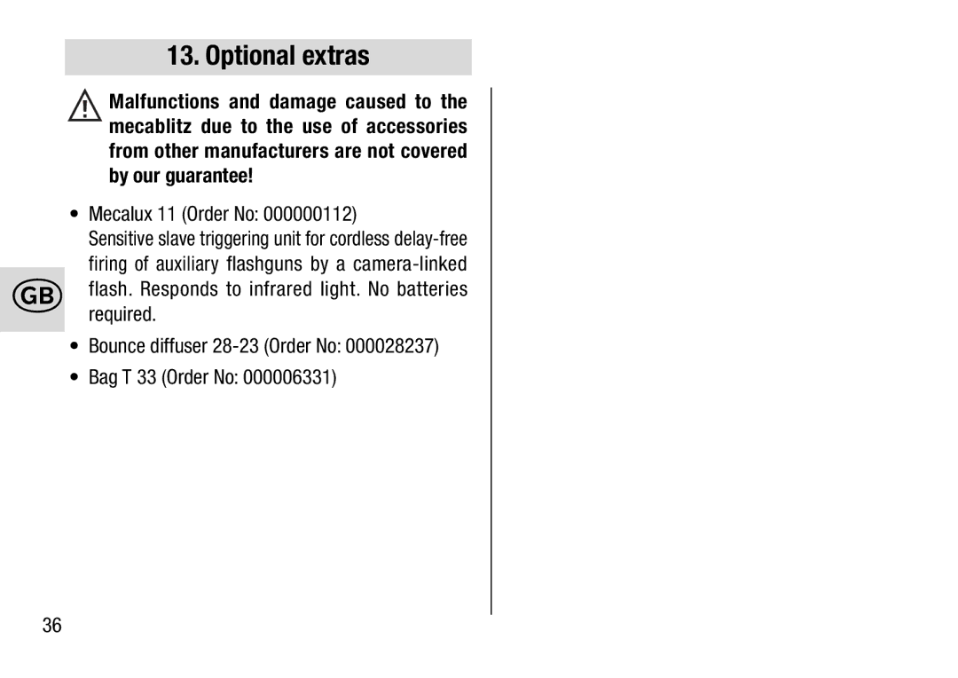 Metz 28 AF-4 C operating instructions Optional extras, Mecalux 11 Order No 