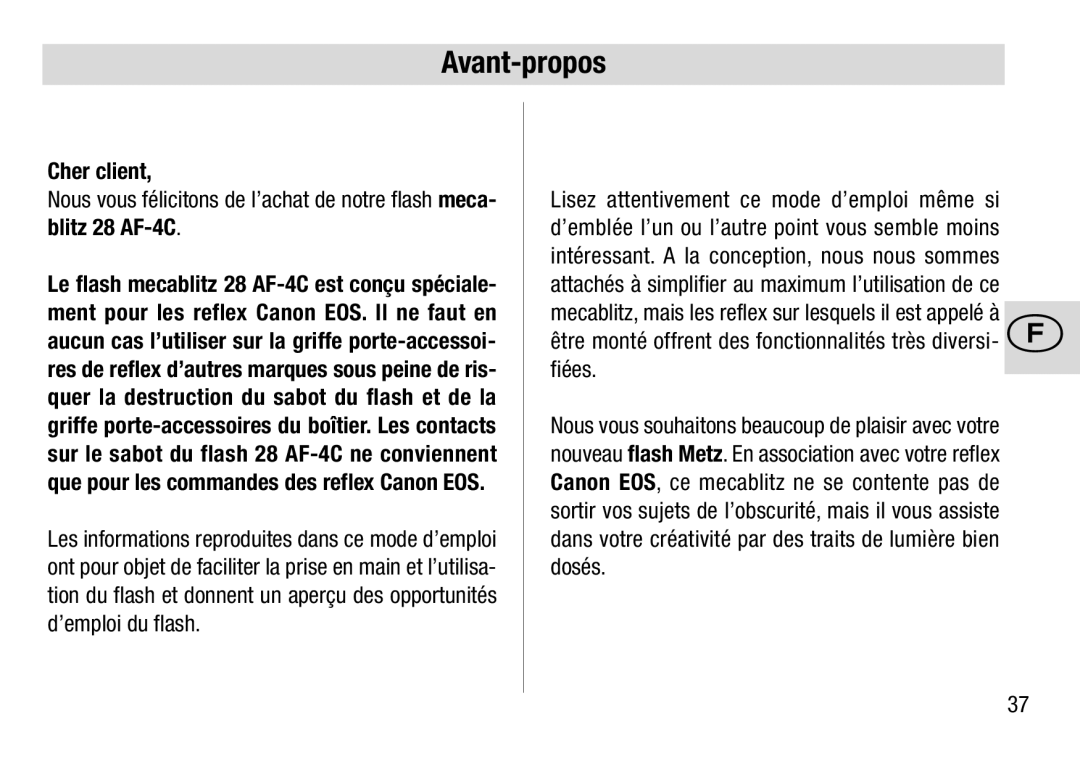 Metz 28 AF-4 C operating instructions Avant-propos, Cher client, Blitz 28 AF-4C 