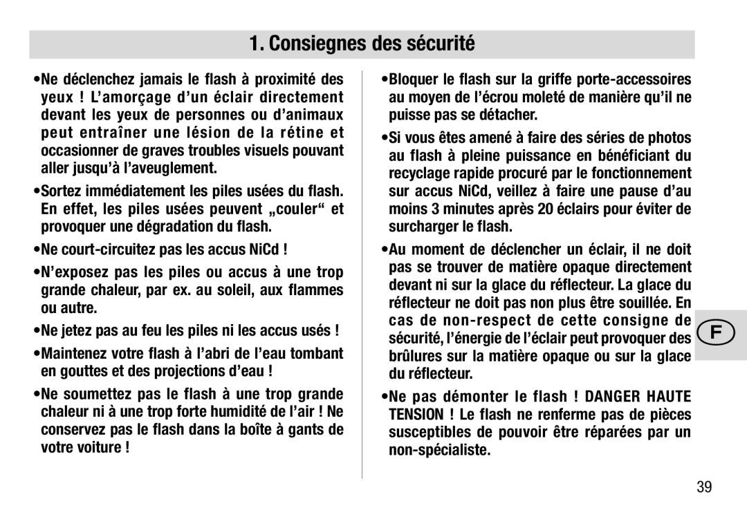 Metz 28 AF-4 C operating instructions Consiegnes des sécurité 