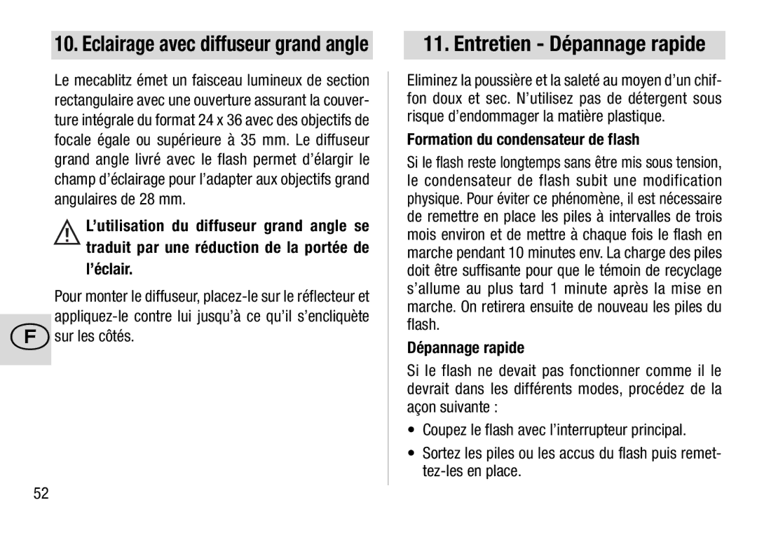 Metz 28 AF-4 C operating instructions Sur les côtés, Formation du condensateur de flash, Dépannage rapide 