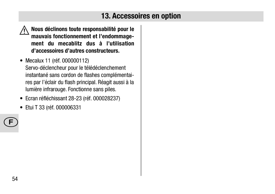 Metz 28 AF-4 C operating instructions Accessoires en option, Ecran réfléchissant 28-23 réf Etui T 33 réf 