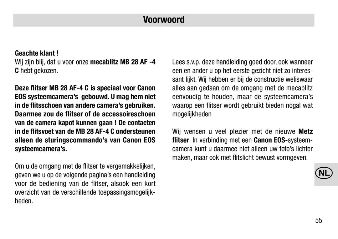 Metz 28 AF-4 C operating instructions Voorwoord, Geachte klant 