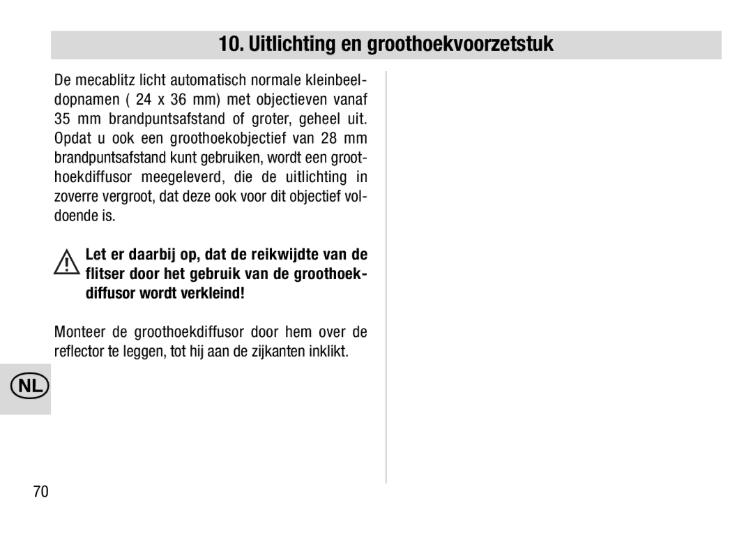 Metz 28 AF-4 C operating instructions Uitlichting en groothoekvoorzetstuk 