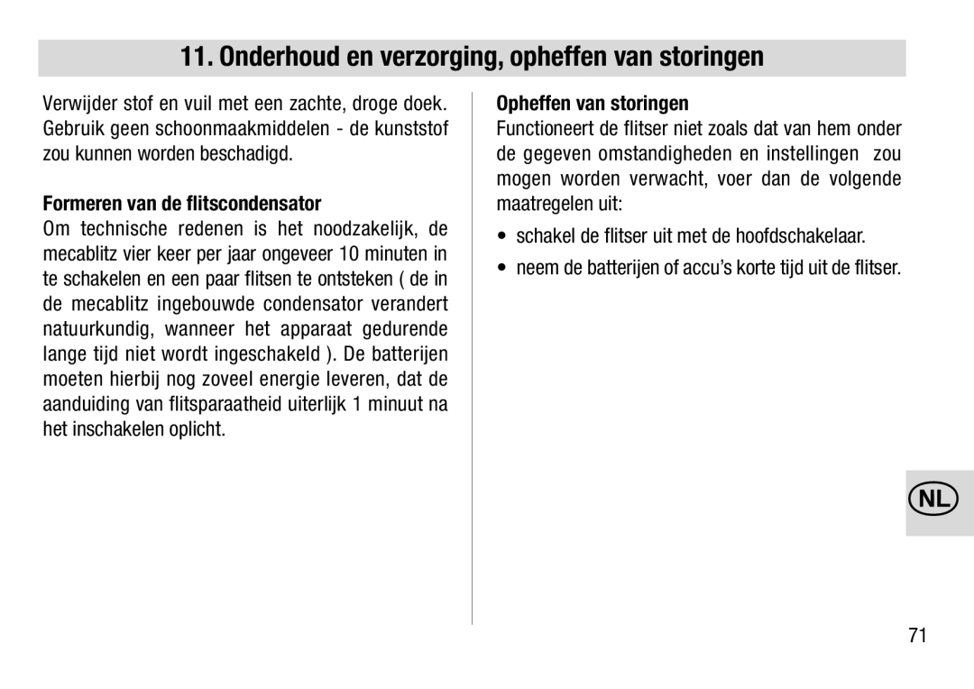 Metz 28 AF-4 C operating instructions Onderhoud en verzorging, opheffen van storingen, Formeren van de flitscondensator 