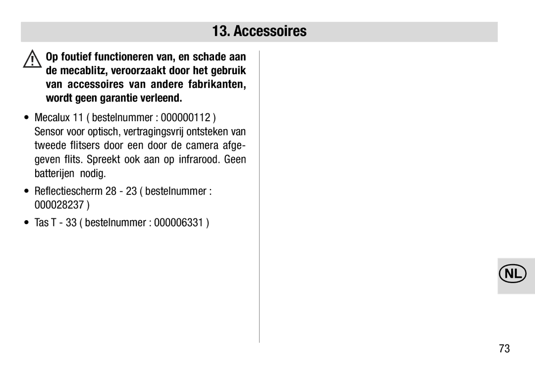 Metz 28 AF-4 C operating instructions Accessoires, Reflectiescherm 28 23 bestelnummer Tas T 33 bestelnummer 