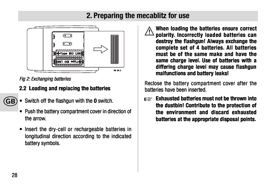 Metz 28 AF-4 N Loading and replacing the batteries, k Switch off the flashgun with the 0 switch, Exchanging batteries 