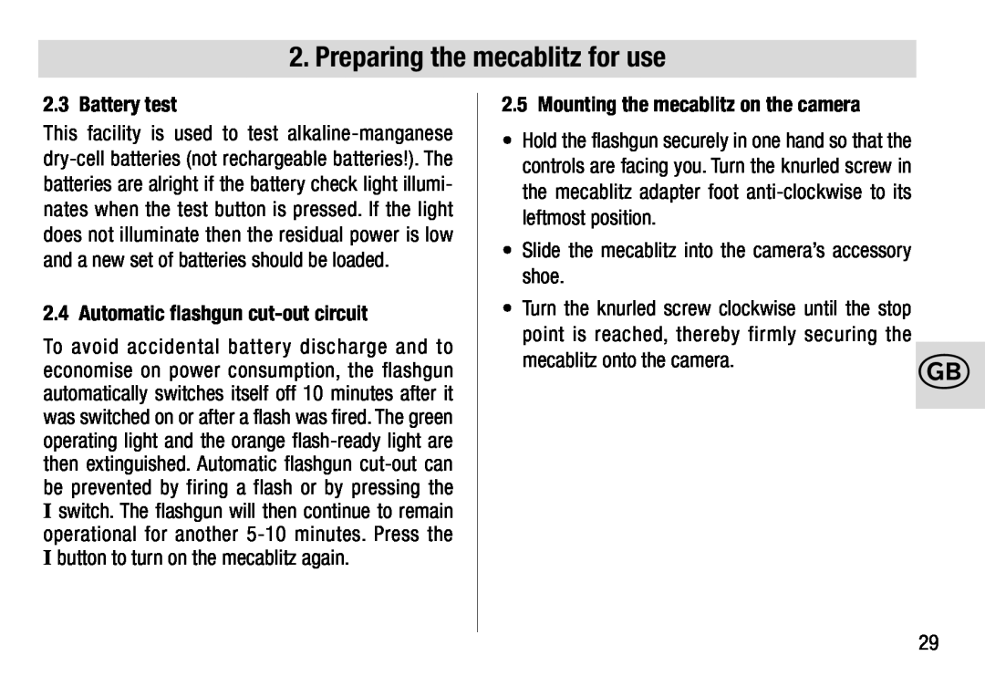 Metz 28 AF-4 N Battery test, Automatic flashgun cut-out circuit, Mounting the mecablitz on the camera 