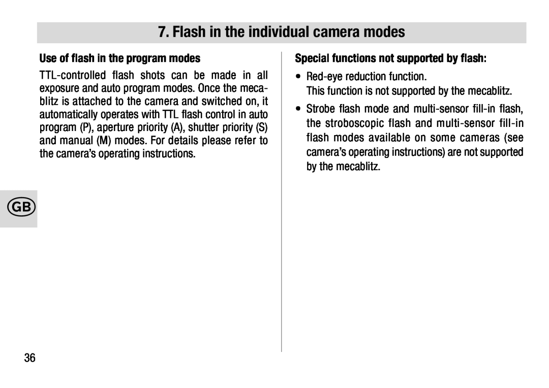 Metz 28 AF-4 N Flash in the individual camera modes, Use of flash in the program modes, Red-eye reduction function 