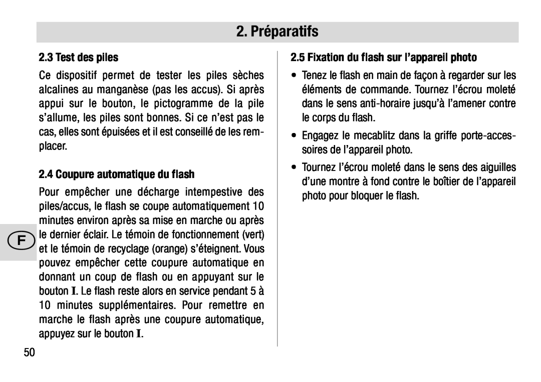 Metz 28 AF-4 N Test des piles, Coupure automatique du flash, Fixation du flash sur l’appareil photo, 2. Préparatifs 