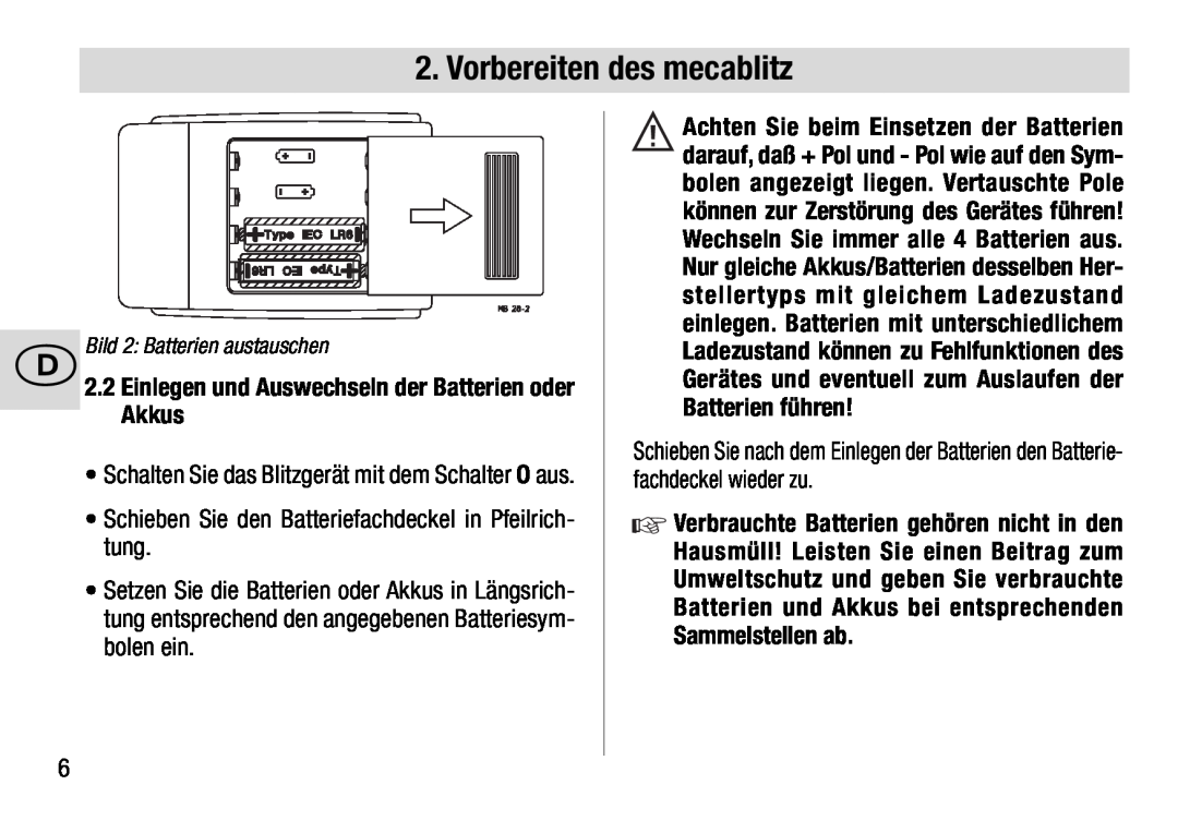 Metz 28 AF-4 N operating instructions j2.2 Einlegen und Auswechseln der Batterien oder Akkus, Bild 2 Batterien austauschen 