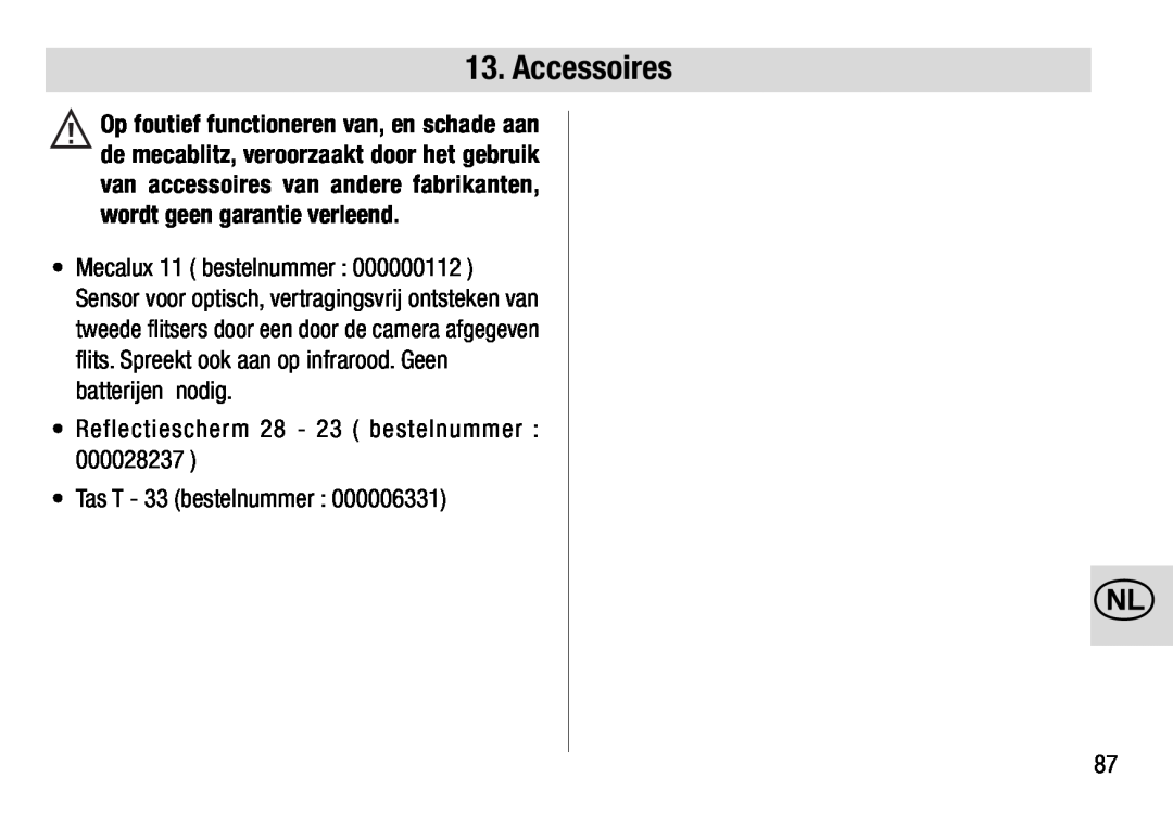 Metz 28 AF-4 N operating instructions Accessoires, Reflectiescherm 28 - 23 bestelnummer Tas T - 33 bestelnummer 