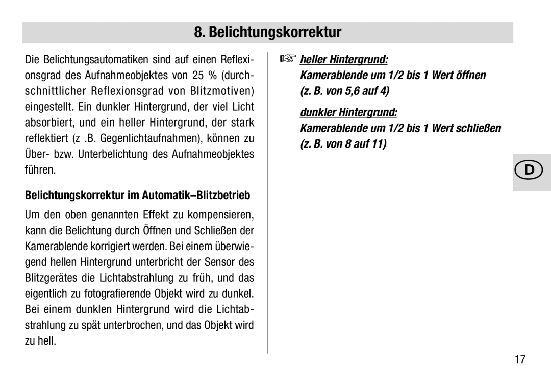 Metz 28 C-2 operating instructions Belichtungskorrektur im Automatik-Blitzbetrieb 